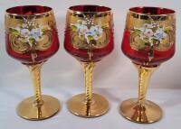 Vintage MCM " Tre Fuochi " Glass Wine Goblets , Set of 3 . Measures 6 &frac14;" tall . No chips or cracks