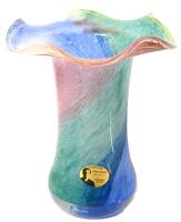 Glaskunstler Peter Kaspar Lead Crystal Multi Colour Swirl Art Ruffled Flare Top Vase, 7.75" Tall, No Chips or Cracks