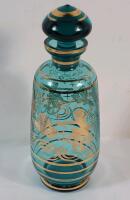 Vintage Teal & Gold Decantor w/Top . Measures 8 ⅞" tall . No chips or cracks . Minor wear to gold design