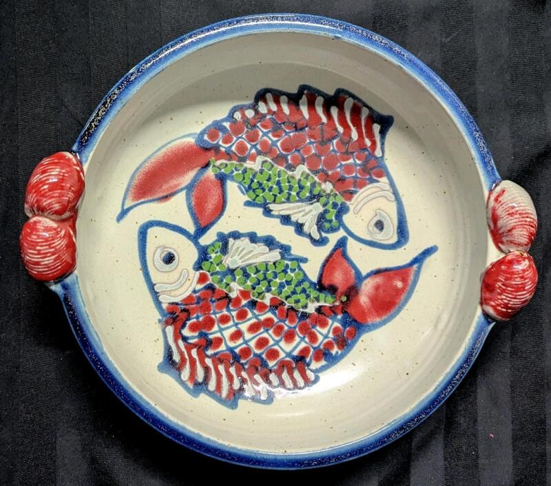 Large Signed SCOTT BARNIM POTTERY Canada Fish Bowl with Mollusc Handles, 11.5" Diameter &times; 3.25" Tall, No Chips or Cracks