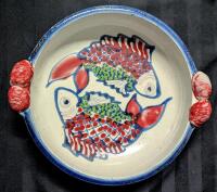 Large Signed SCOTT BARNIM POTTERY Canada Fish Bowl with Mollusc Handles, 11.5" Diameter &times; 3.25" Tall, No Chips or Cracks