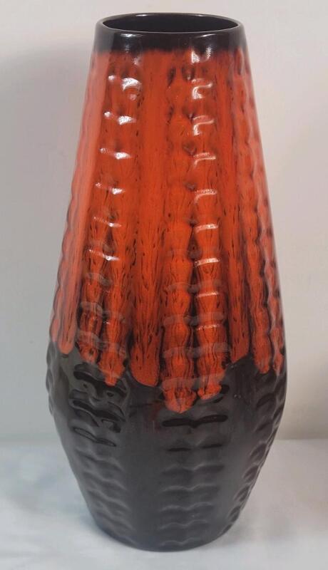 Vintage MCM Canadiana Pottery Brown / Orange Drip Glaze Decorative Vase . Measures 13.5" tall . No chips or cracks