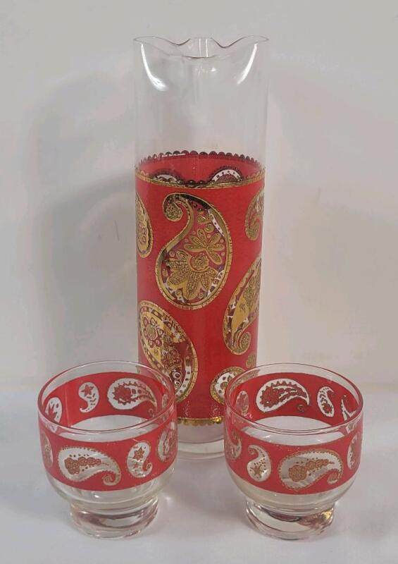 RARE Vintage MCM Culver Red Paisley Cocktail Pitcher & Two (2) Lowball Cocktail Rocks Glasses . No chips or cracks