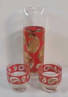 RARE Vintage MCM Culver Red Paisley Cocktail Pitcher & Two (2) Lowball Cocktail Rocks Glasses . No chips or cracks