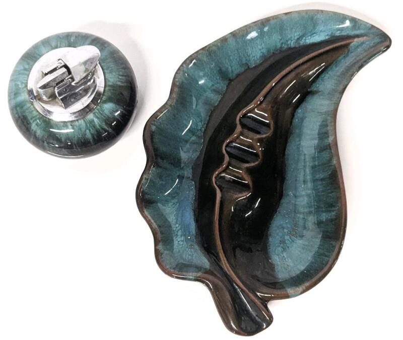 MCM Vintage BLUE MOUNTAIN POTTERY Canada Leaf Ashtray 8.75" & Lighter, No Chips or Cracks, Lighter Needs Fuel