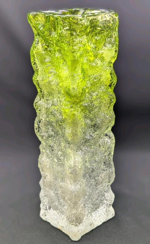 Signed Vintage TAJIMA CRYSTAL Bark Textured Square Leek Art Glass Vase, 9" Tall, No Chips or Cracks