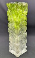 Signed Vintage TAJIMA CRYSTAL Bark Textured Square Leek Art Glass Vase, 9" Tall, No Chips or Cracks