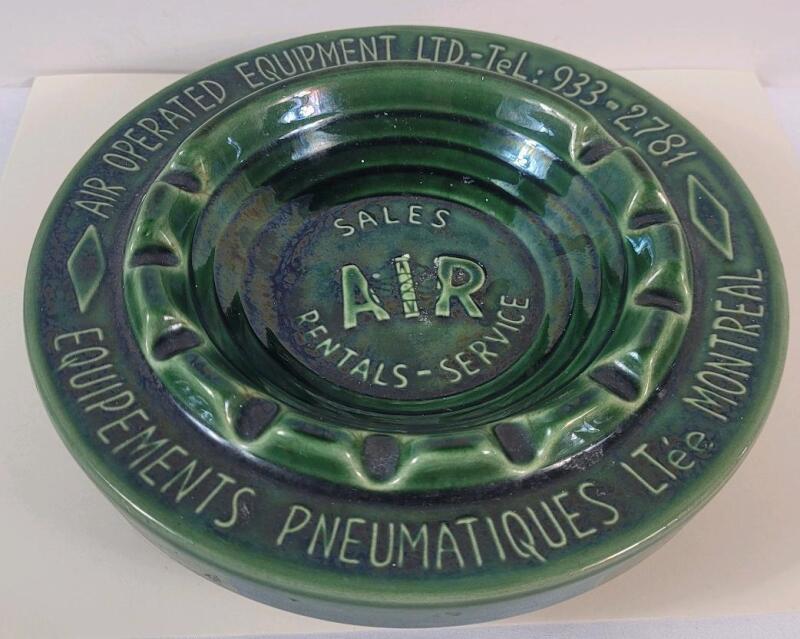 Vintage Beauceware Canada Pottery Advertising Ashtray " Air Operated Equipment Ltd. Sales & Service ". Measures 7 &frac34;" diameter . No chips or cracks