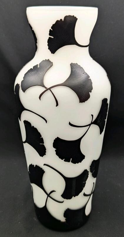 STUNNING Black Cut to Milk Glass Ginko Leaves Vase, 10" Tall, No Chips or Cracks