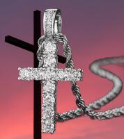 Large Cross Pendant Necklace 23 inch Twisted Rope Chain Sparkling Crystals Clear Stones on Cross and Bale 1.6&rsquo;&rsquo;