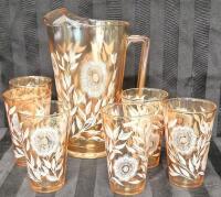Vintage Jeanette Glass Marigold Carnival Glass Cosmos Pitcher & 6 Glasses Lusterware