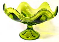 Vintage Unsigned Viking Glass Epic Six Petal Avocado Green Crimped Compote Pedestal Bowl, 7" Diameter, 4.5" Tall, No Chips or Cracks