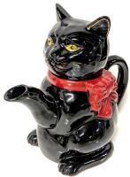 Vintage Black Cat with Bow Terracotta Teapot with Cold-Painter Details. 8.25" Tall, No Chips or Cracks