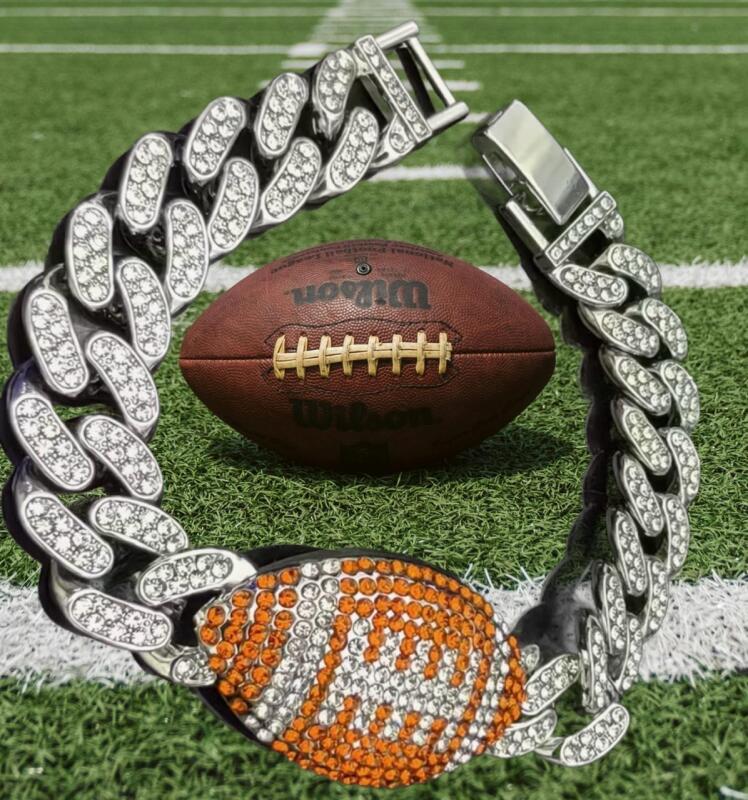 Colorful Rhinestone Miami Cuban Chain Football Bracelet Fold Over Clasp Approximately 7.75&rsquo;&rsquo; Centre Football 1.5&rsquo;&rsquo; Statement