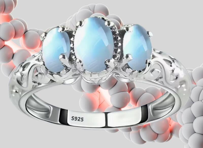 Marked 925S Size 8 3 Prong Set Trinity Stone Ring Mosaic Moonstone