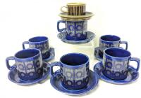 Set of 5 MCM Vintage Unsigned Denby Cobalt Blue Glaze Coffee Cups & Saucers + ARABIA Finland "Kosmos" Demitasse Cup & Saucer, No Chips or Cracks