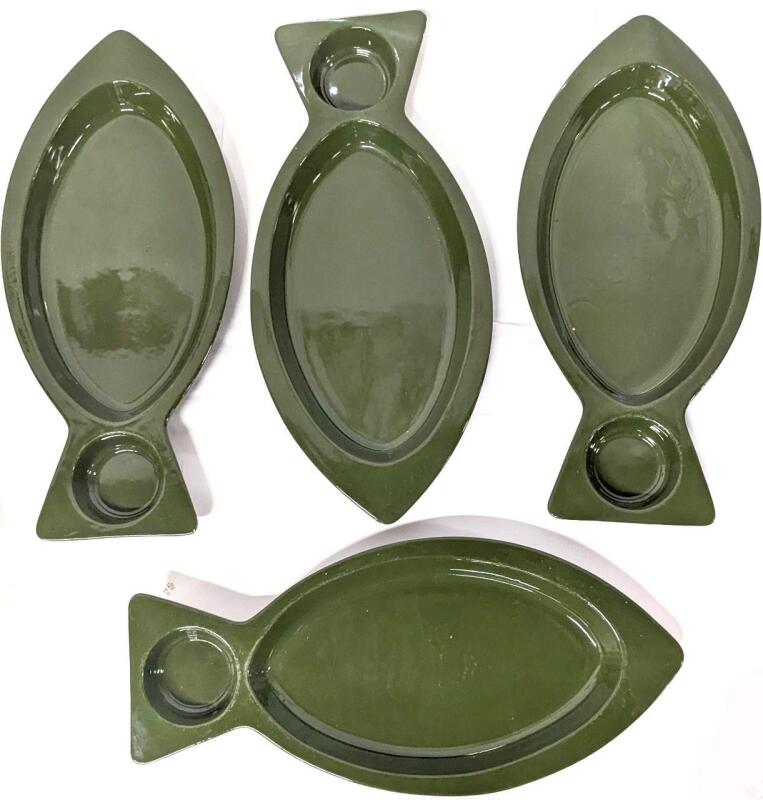 4 MCM Vintage HALL USA Avocado Green Fish & Chips Serving Plates, 15" Long Each, No Chips or Cracks