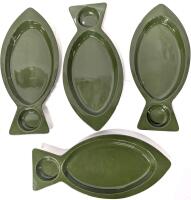 4 MCM Vintage HALL USA Avocado Green Fish & Chips Serving Plates, 15" Long Each, No Chips or Cracks