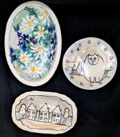 3 PCs Signed Vintage Pottery : Whimsical Cat & Town Folk Art Dishes Made in Nova Scotia + Daisy Dish 10.25" &times; 7" &times; 1.4" Tall