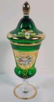 Vintage Bohemian Style Green Glass Hand Painted Flowers Lidded Dish / Vase by Giftcraft . Measures 10 ⅝" tall . No chips or cracks