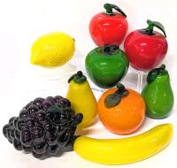 9 Vintage Murano-Style Glass Fruit : 3&times; Apples, Orange, 2&times; Pears, Lemon, Grape Bunch & Banana, Up to 7.5" Long, Apple Has Repaired Broken Stem