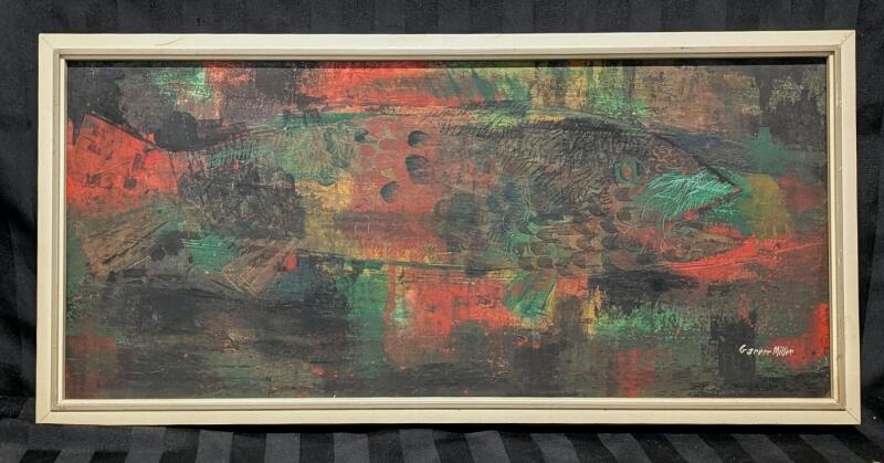 Framed Vintage MCM Print Subtle Abstract Fish by Garver Miller, 12.8" &times; 26.25"