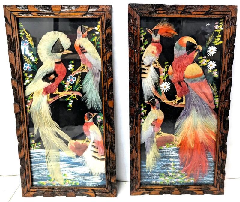 Pair of Vintage MCM Feathercraft Bird Pictures in Wood Frames, 8.5" &times; 16.5" Each