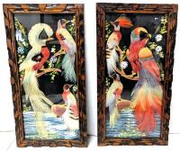 Pair of Vintage MCM Feathercraft Bird Pictures in Wood Frames, 8.5" &times; 16.5" Each