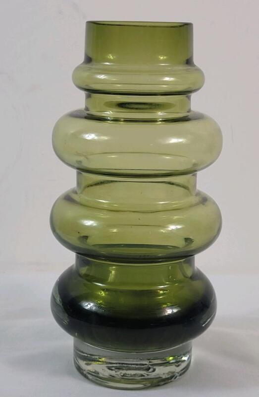 Vintage MCM Olive Green Glass Hooped Vase - Possibly RIIHIMAEN LASI OY Finland . Measures 7 ⅞" tall , 3 ⅞" diameter w/2 &frac14; diameter top . No chips or cracks