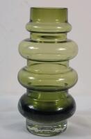 Vintage MCM Olive Green Glass Hooped Vase - Possibly RIIHIMAEN LASI OY Finland . Measures 7 ⅞" tall , 3 ⅞" diameter w/2 &frac14; diameter top . No chips or cracks
