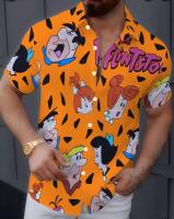 New Men&rsquo;s Size XL Retro Flinstones Print Short-Sleeve Button Front Vibrant 3D Design Lightweight & Breathable Machine Washable Lapel Collar Stock photos added