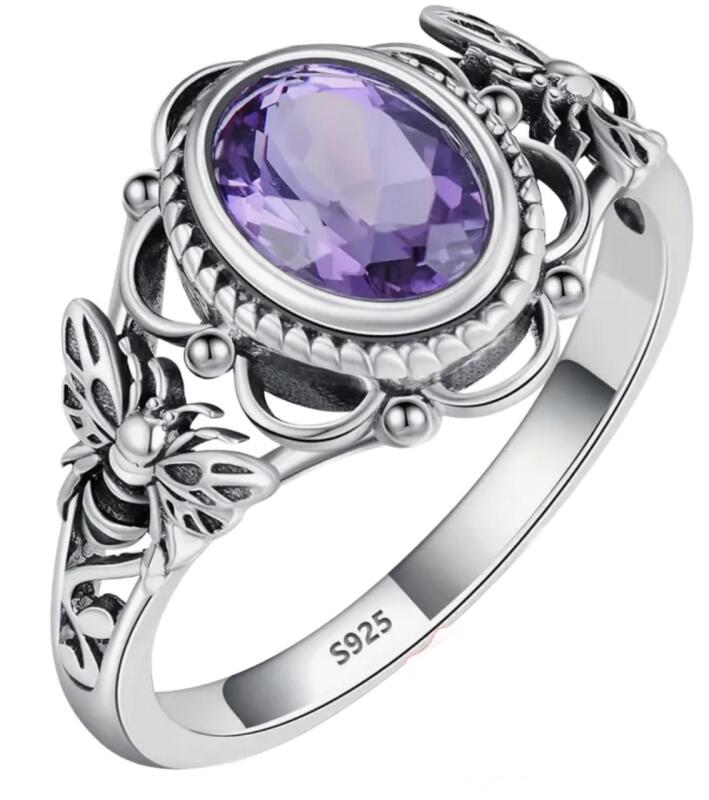 Marked 925S Size 10 Oval Purrple Stone with Bee on each side Shank
