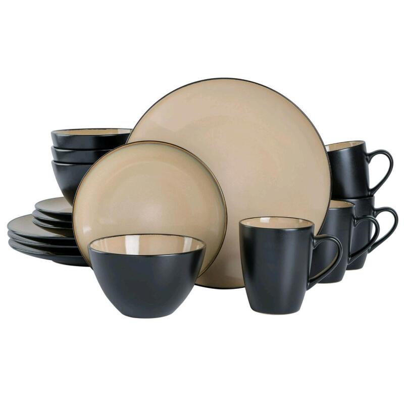 16 Pieces New Gibson Soho Lounge Round Reactive Glaze Stoneware Dinnerware Set, Service for 4, Taupe/Black Retails for Over $200