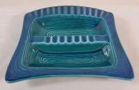 Vintage MCM California Pottery Blue / Turquoise Ashtray . Measures 8 ⅜"&times;8 ⅜" . No chips or cracks . Tiny kiln firing defeat on corner .