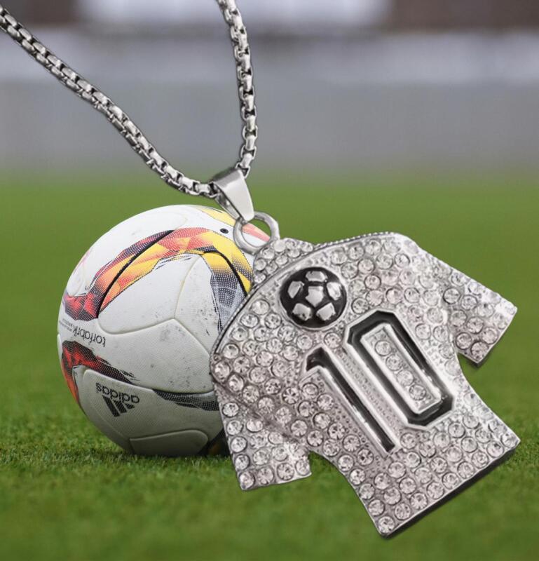 Classic Fashion No. 10 Jersey Cubic Zirconia Pendant Necklace Pendant 2&rsquo;&rsquo; Black enamel # 10 and Soccer Ball Sparkling Jersey Chain 23&rsquo;&rsquo;