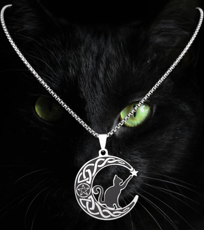 Cat Crescent Moon Star Chain Necklace Stainless Steel Five-Pointed Star Pendant Mystical Design Pendant 1.5&rsquo;&rsquo; Chain 19&rsquo;&rsquo;