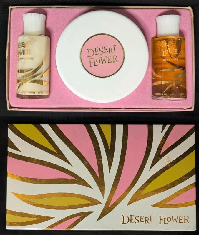 Vintage SHULTON of Canada 3pc DESERT FLOWER Gift Set : Hand & Body Lotion 2oz, Dusting Powder 4oz, Toilet Water 2oz