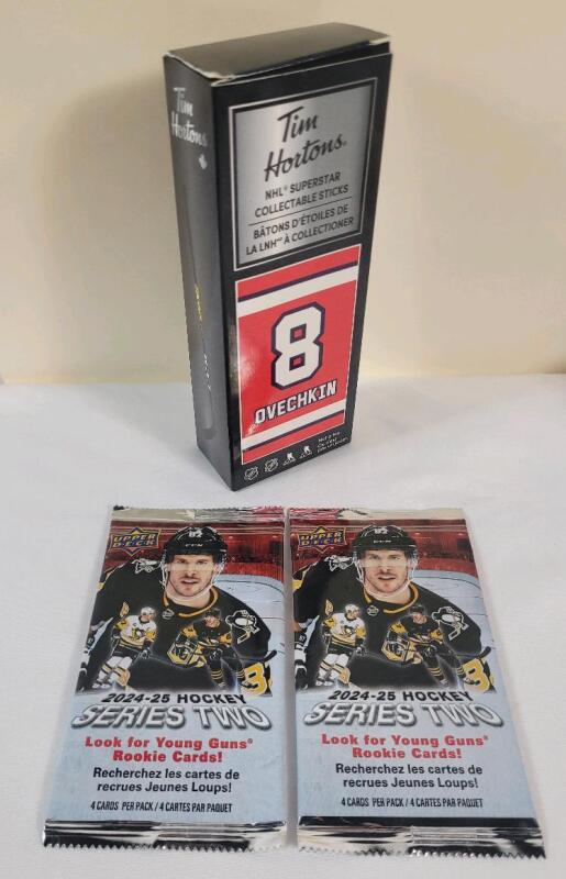 2024-25 UD Series Two NHL Hockey Sealed Wax Packs (2-Packs) & 2019 Tim Hortons Alex Oveckin Mini-Stick