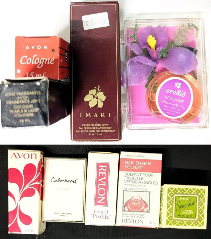 Vintage Scents (Avon IMARI, Pearls & Grace, Perfumes Polynesia Orchid), Cabochard Soap & Mostly Empty Avon + Revlon Nail Packaging + Avon Somewhere Cream Sachet in Milk Glass Container