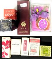Vintage Scents (Avon IMARI, Pearls & Grace, Perfumes Polynesia Orchid), Cabochard Soap & Mostly Empty Avon + Revlon Nail Packaging + Avon Somewhere Cream Sachet in Milk Glass Container