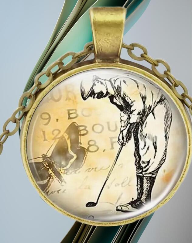 Vintage Inspired Golf Necklace Antique-like Chain with Circular Golfer Swing Graphic Round Pendant 1.25&rsquo;&rsquo; Chain 18&rsquo;&rsquo; 2&rsquo;&rsquo; extender