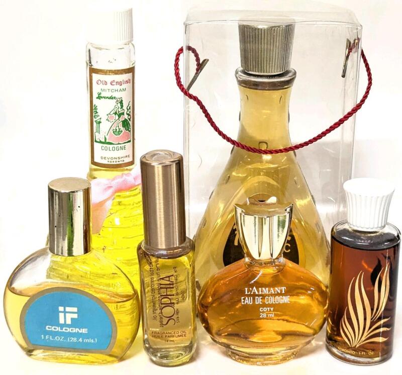 6 Vintage Scents : MITCHAM Old English Cologne, Conrad BLACK MAGIC Cologne 70ml, IF Cologne 28m4ml, Sophia Fragranced Oil 14ml, L'Aimant Eau de Cologne 28ml, Desert Flower Toilet Water 1fl oz
