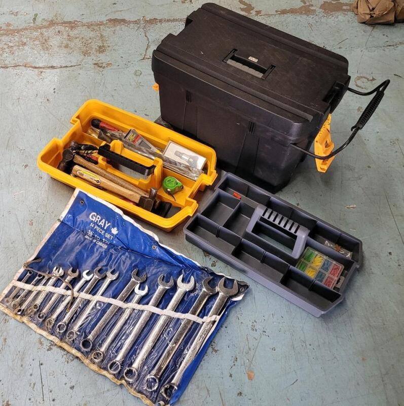 Large Tool Chest on Wheels w/Tools . 14pc. Gray Combination Wrench Set , Hammers , Screwdrivers , Knives plus more