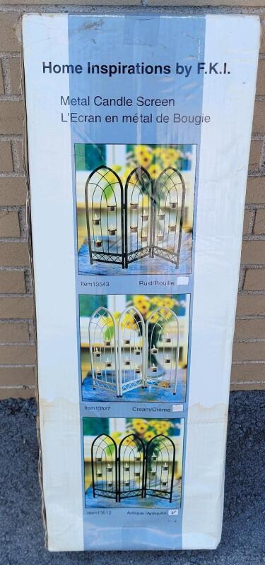 New - Home Inspirations Metal Candle Screen . Box measures 12.5"&times;35.5"&times;4.5" .