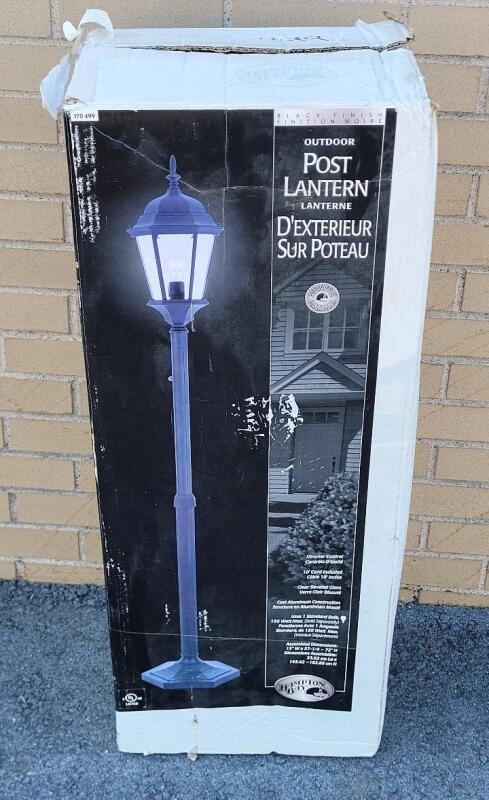 As New - Hampton Bay Outdoor Post Lantern w/Black Finish . Cast Aluminum , 10ft Cord , Dimmer Control . Measures 54"-72" tall when assembled . Open Box