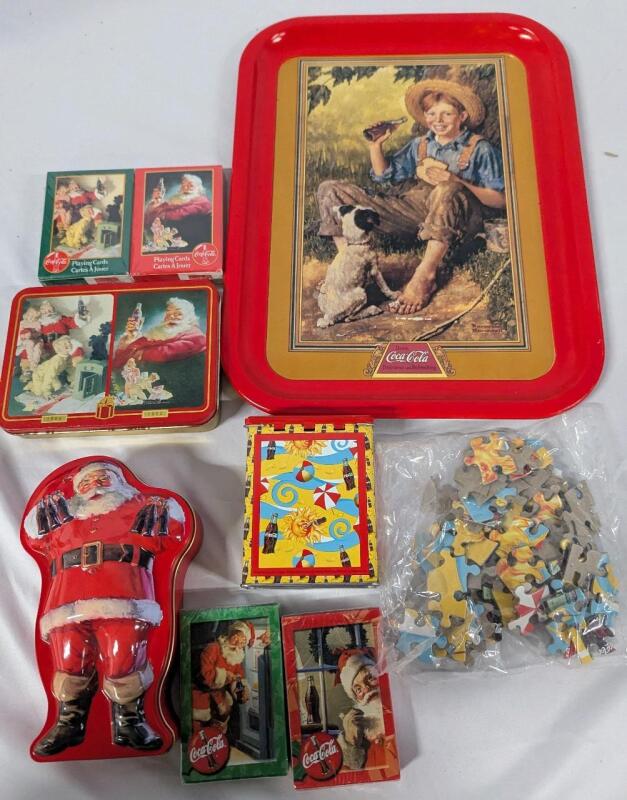 Vintage to Newer Coca-Cola Collectors Lot. Tray, Tin, Puzzle and More! Tray Measures 13" Long