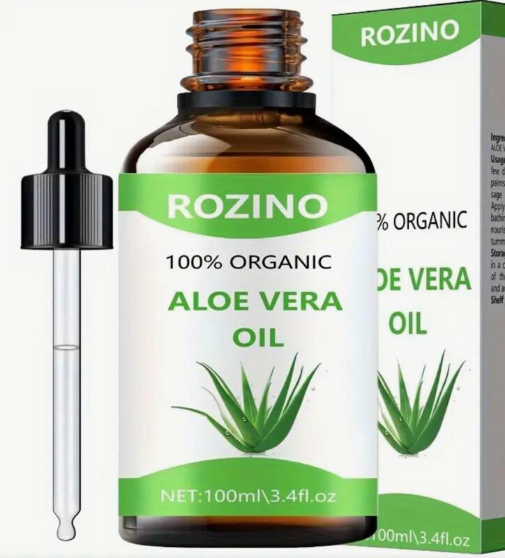 New ROZINO 100% Organic Aloe Vera Essential Oil 100ml Natural & Hypoallergenic for Massage Skin Care Showers, Nails, Hair & Eyelash Enhancement Expires 2028 / 02/ 04