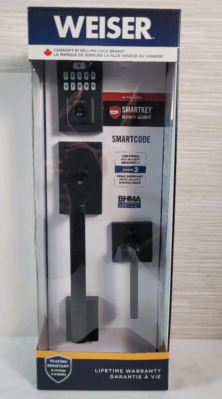 New - Weiser Matte Black Front Door Lock & Handle Set, SmartCode Keypad Door Lock w/San Clemente Handleset & Halifax Interior Door Handle, Keyless Entry Door Lock, Front Door Handles with Deadbolt Lock . Retail $260