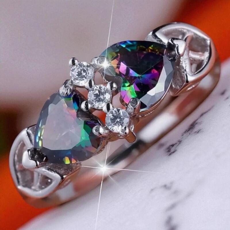 Marked 925 Sterling Size 8 Ring Two Colourful Mystic Heart Stones Celtic Side Shank