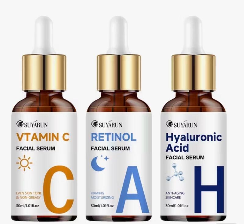 New 3pcs 30g Day & Night Vitamin C+Retinol+Hyaluronic Acid Essence Trio Set combines Collagen, Aloe, Niacinamide. Brightens complexion Deep Hydration Gentle Oil Free Formula SUYARUN